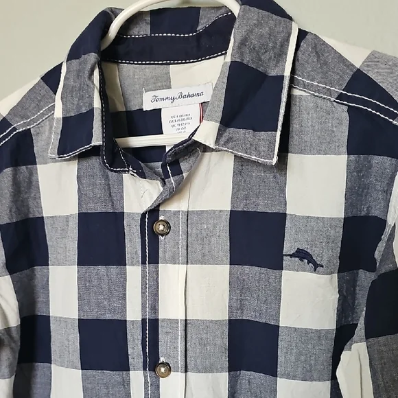Tommy Bahama Checkered Navy and White Shirt Boys Size 10/12 Large - Picture 2 of 6